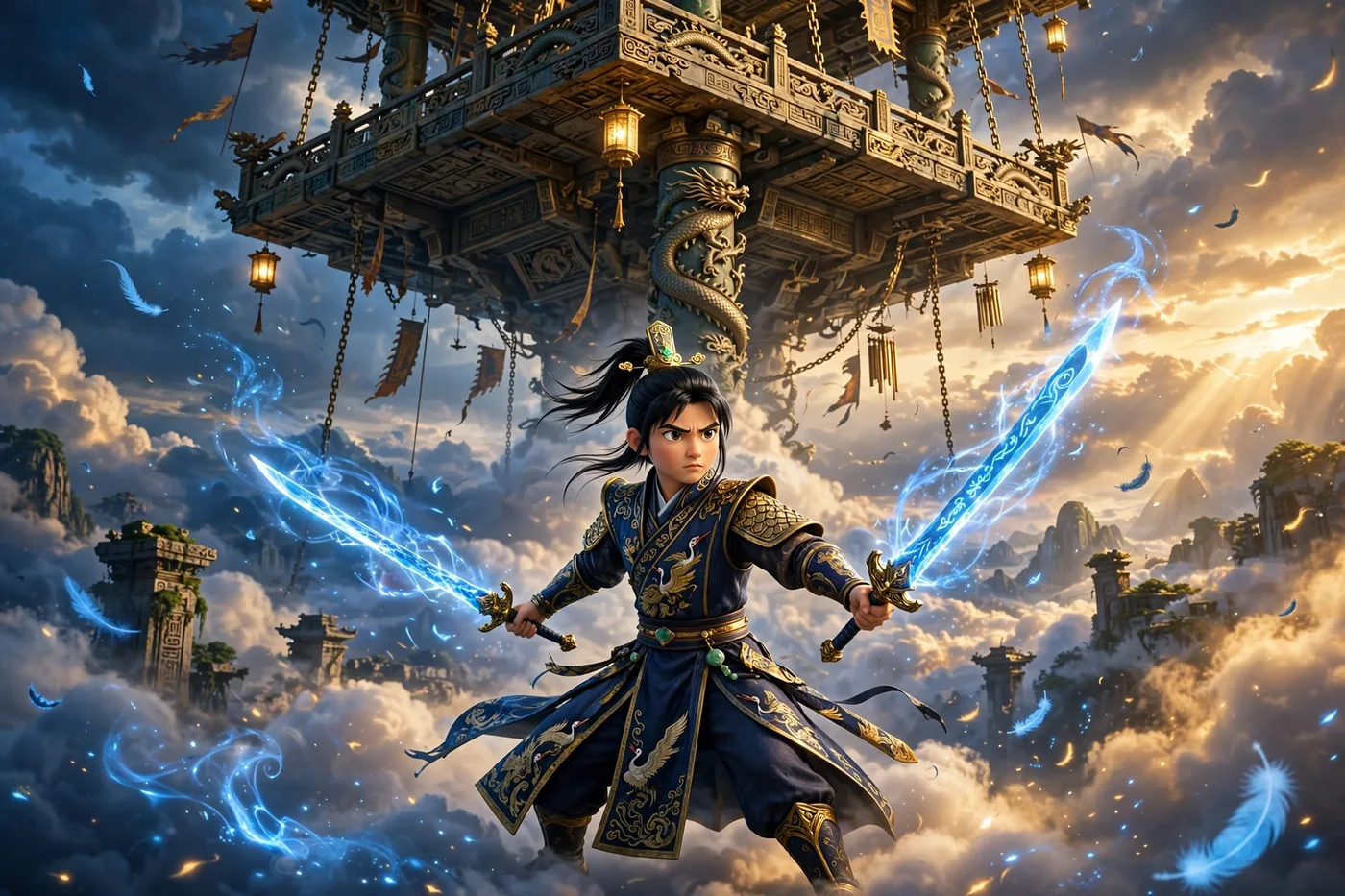 AI 3D anime still — young swordsman with glowing blades beneath a celestial platform