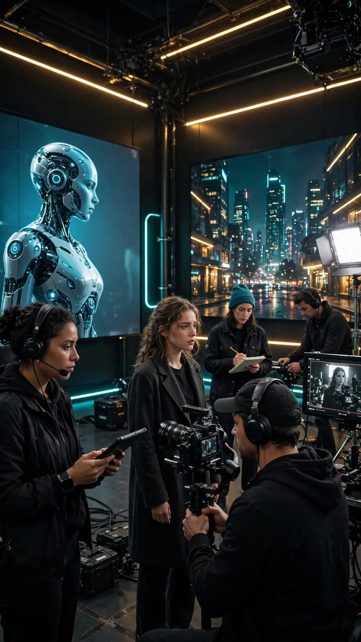 Vertical AI drama set — performer filming against AI-generated backdrops