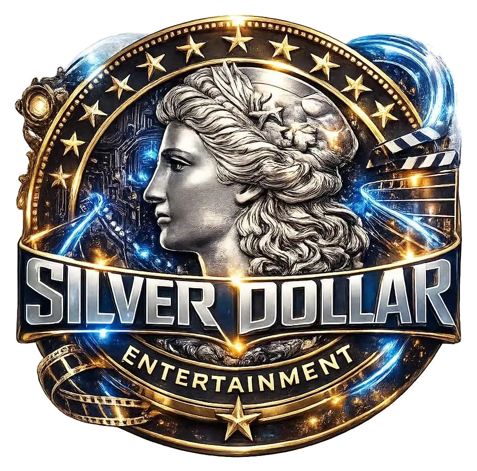 Silver Dollar Entertainment logo — silver goddess emblem with SILVER DOLLAR ENTERTAINMENT wordmark