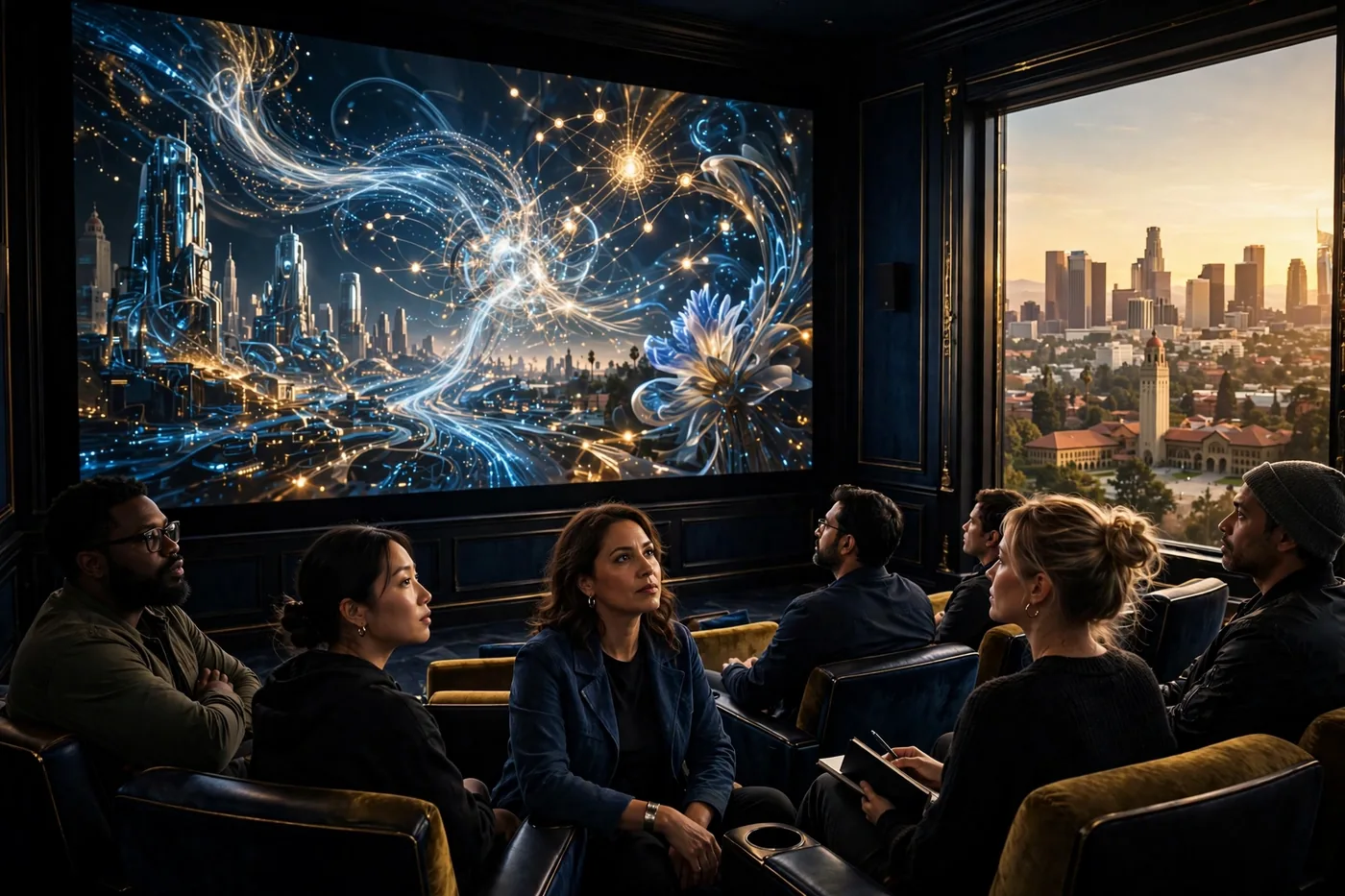 Academy masterclass screening room overlooking Los Angeles at golden hour